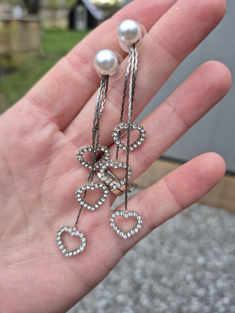 3 For $15!! Silver Pearl-Top Dangle Earrings with Rhinestone Heart Drops - Picture 3 of 5